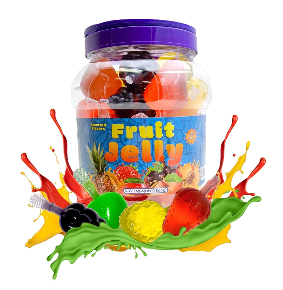 Funtasty Fruit Jelly Tik Tok Candy Assorted Flavors, Treats Squeezable Vegan-Friendly, 40 Count Jar