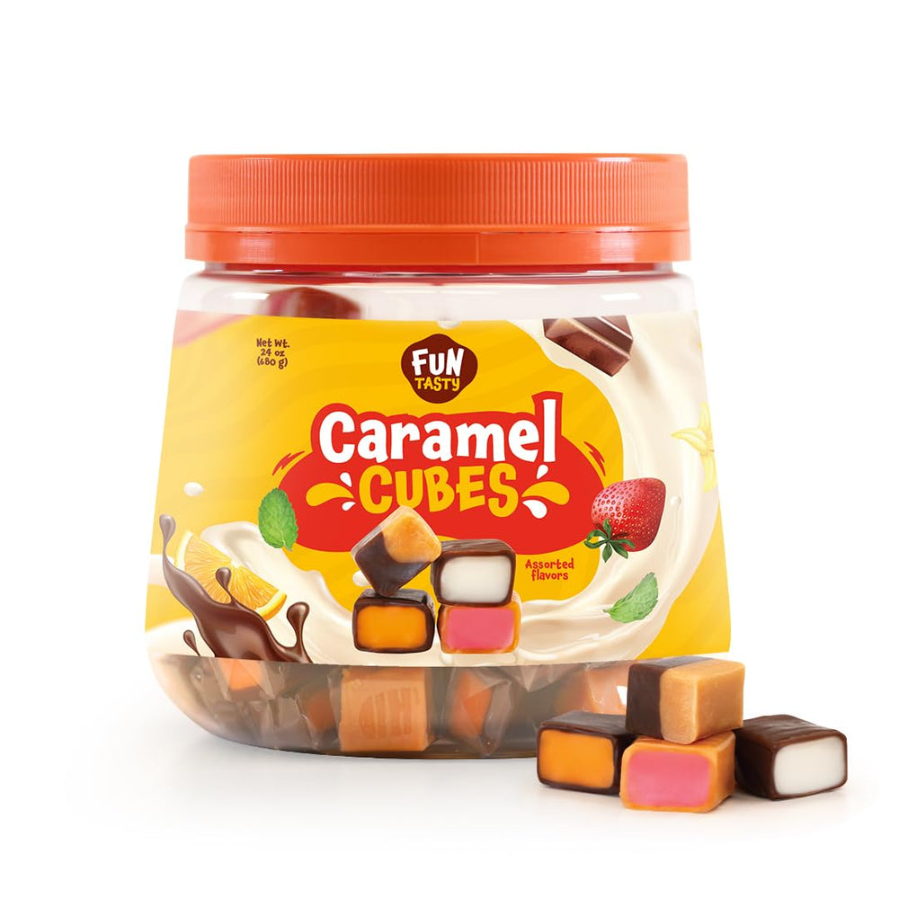 Funtasty Caramel Cubes Candy, Assorted Flavors, Individually Wrapped, Jar 24 Ounces (Over 100 Pieces) - Crazy Outlet Candy Store