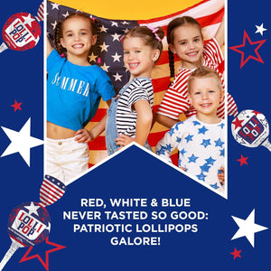 Patriotic Lollipops, July 4th Pops, USA Flag Colors Candy - Cherry, Vanilla, Blue Raspberry Flavors - Gum-Filled - Crazy Outlet Candy Store