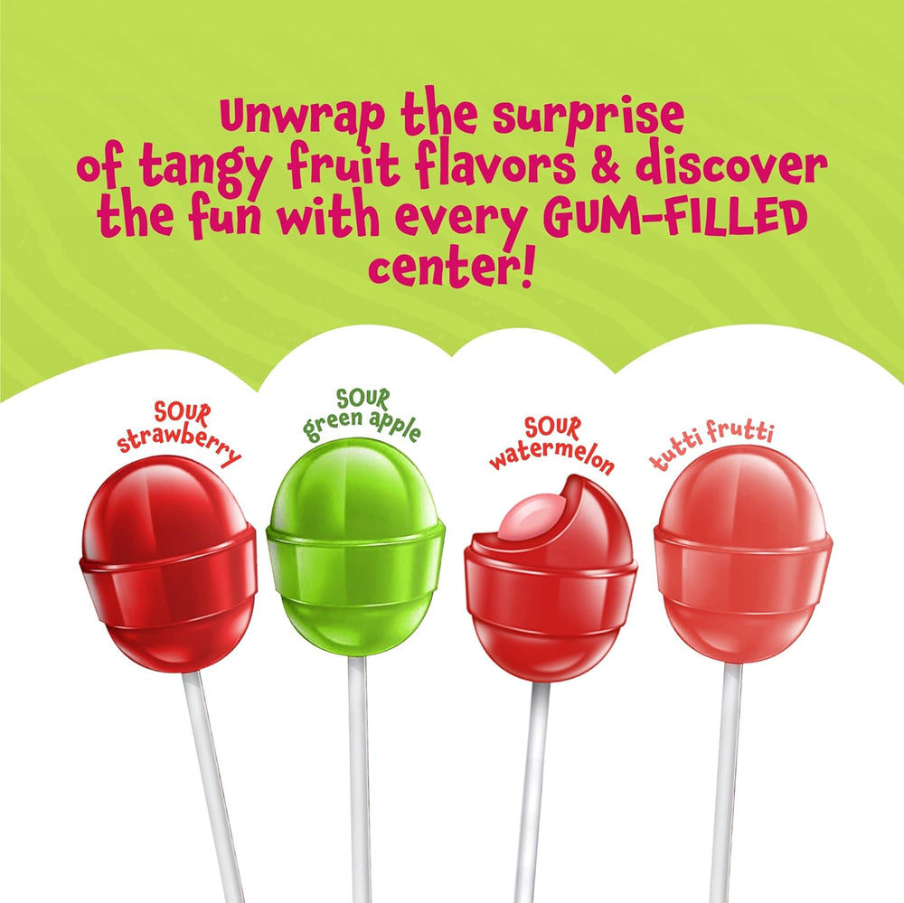 Funtasty Gum-Filled Lollipops, Assorted Fruit Flavors Sour Pops Candy - Green Apple, Strawberry, Watermelon, Tutti-Frutti - Crazy Outlet Candy Store