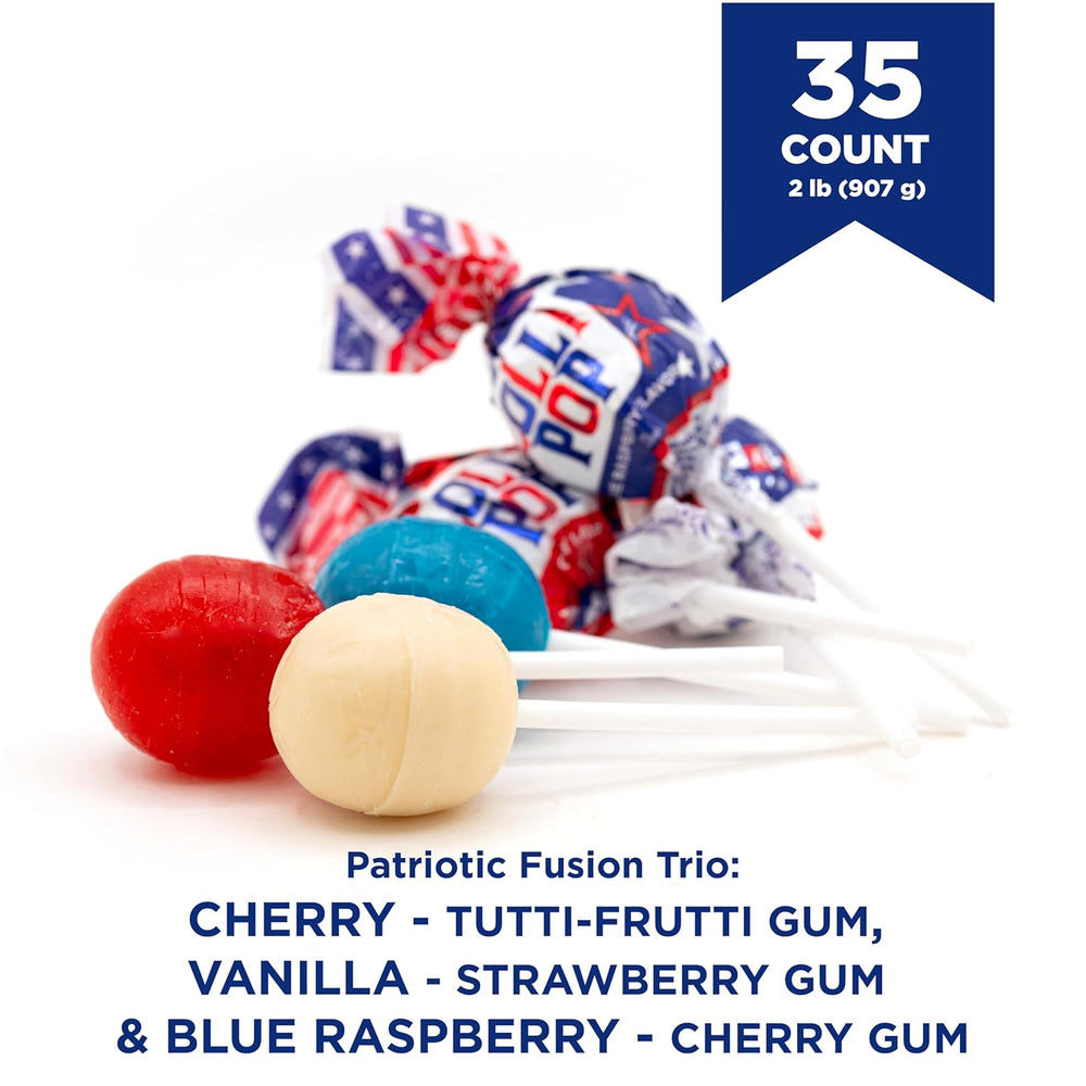 Patriotic Lollipops Gum-Filled | 2-Pound Pack | USA Flag Colors Candy - Crazy Outlet Candy Store