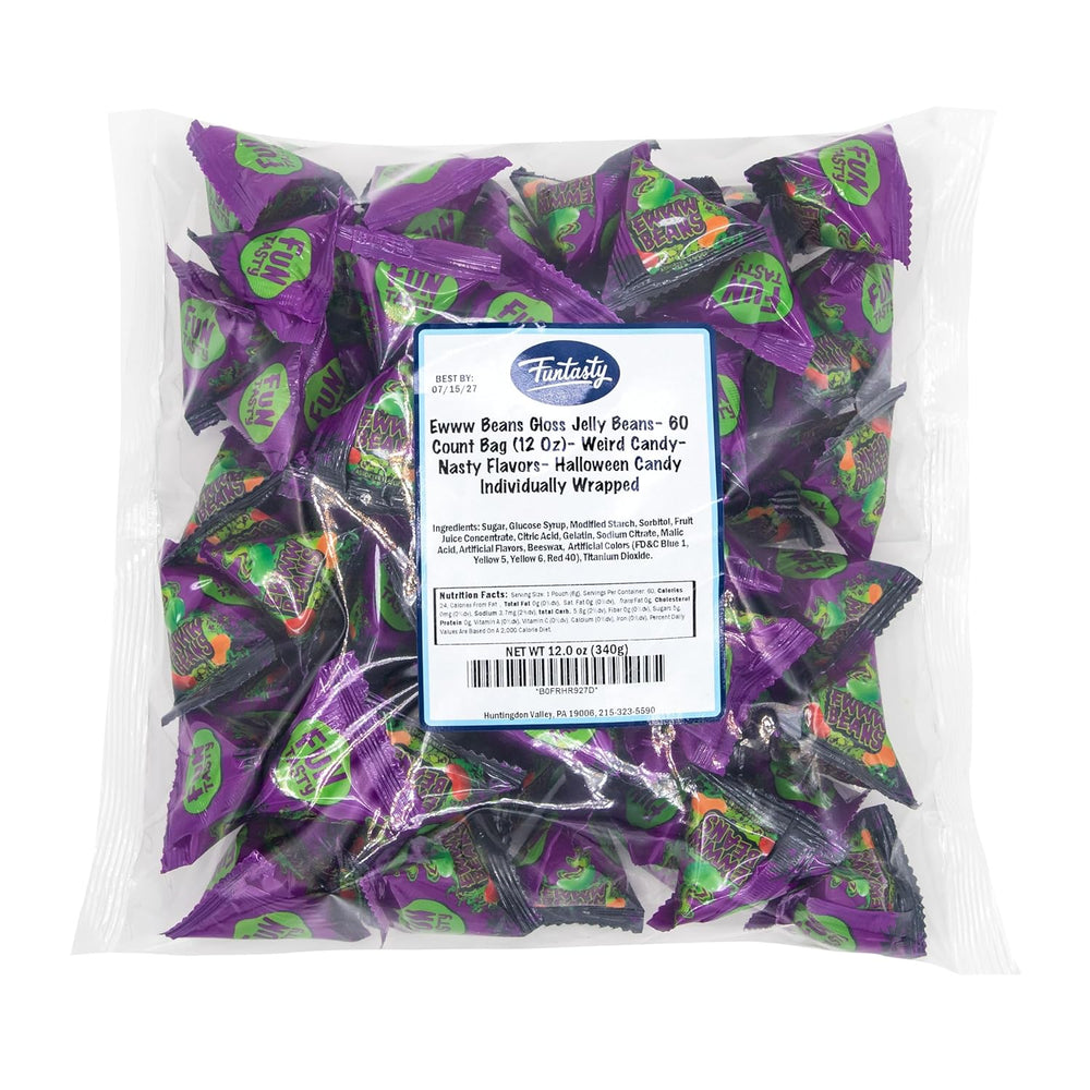 Ewww Beans Gross Jelly Beans - 60 Count Bag (12 Oz) - Weird Candy - Nasty Flavors - Halloween Candy Individually Wrapped - Prank Candies for Challenge Party Games by Funtasty