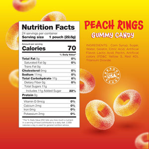 Peach Rings - 0.8 Ounce Pouch (24 Count) - Peach Gummy Candies in Individual Pouches - Sweet and Sour Candy for Classroom, Snacking and Kids' Goodie Bags
