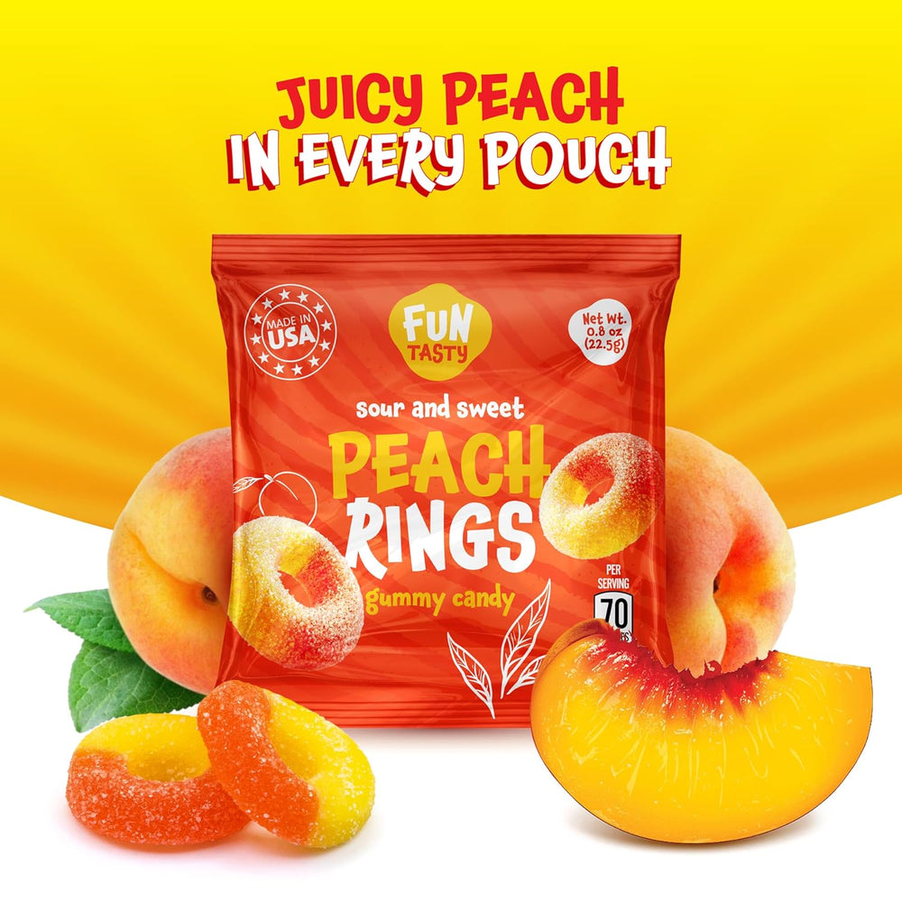 Peach Rings - 0.8 Ounce Pouch (24 Count) - Peach Gummy Candies in Individual Pouches - Sweet and Sour Candy for Classroom, Snacking and Kids' Goodie Bags