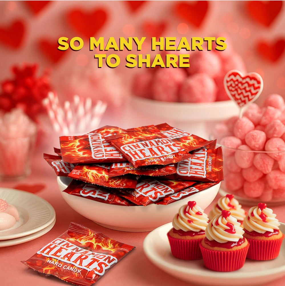 Cinnamon Imperial Hearts - 1 Ounce Pouch (24 Count) - Hot Cinnamon Candy in Individual Pouches - Spicy Hard Candy Hearts for Valentine’s Day, Party Favors, and Dessert Tables