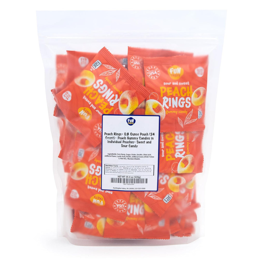Peach Rings - 0.8 Ounce Pouch (24 Count) - Peach Gummy Candies in Individual Pouches - Sweet and Sour Candy for Classroom, Snacking and Kids' Goodie Bags