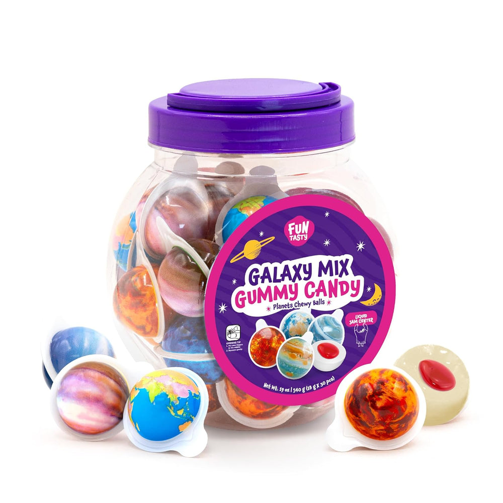 Funtasty Galaxy Mix Planets Candy, Gummy Balls with Liquid Jam Center and Bubblegum Flavor; 19-ounce jar (30 count) - Crazy Outlet Candy Store