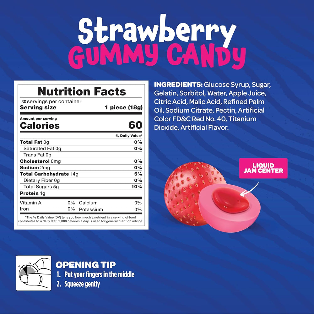 Funtasty Strawberry Gummy Balls Candy with Jam Center, 19-Ounce Jar (30 Count) - Crazy Outlet Candy Store