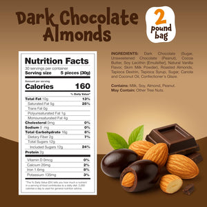 Dark Chocolate Almonds - 2 Pound Bulk Pack - Whole Dry Roasted Dark Chocolate Covered Almonds - Candy for Office, Buffets, Snacking & Gifting - Classic Coated Nuts