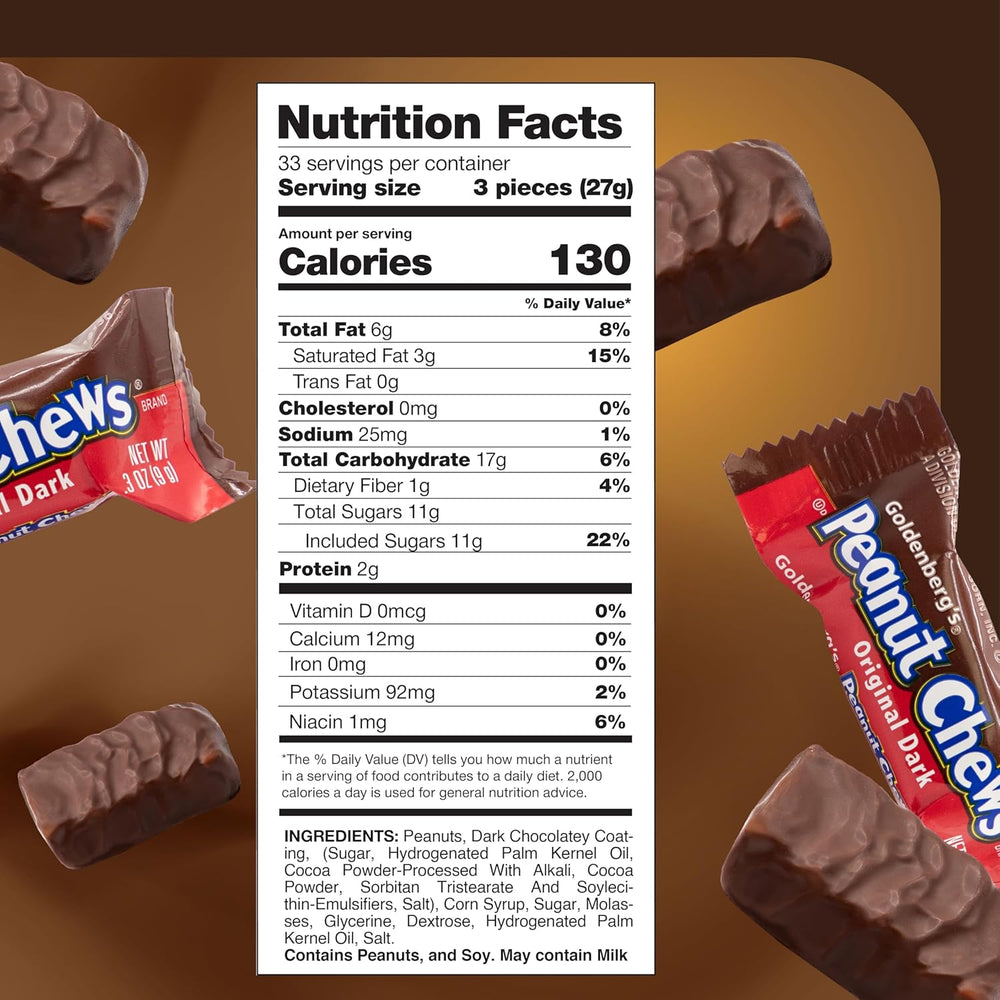 Goldenberg's Peanut Chews Original Dark Chocolate Candy | 2 Pound Pack | Individually Wrapped, Fun Size - Crazy Outlet Candy Store