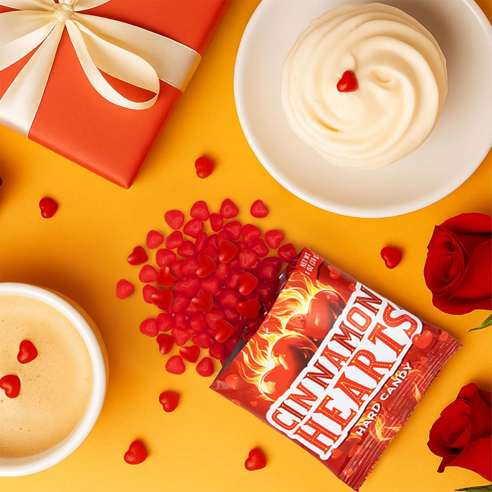 Cinnamon Imperial Hearts - 1 Ounce Pouch (24 Count) - Hot Cinnamon Candy in Individual Pouches - Spicy Hard Candy Hearts for Valentine’s Day, Party Favors, and Dessert Tables