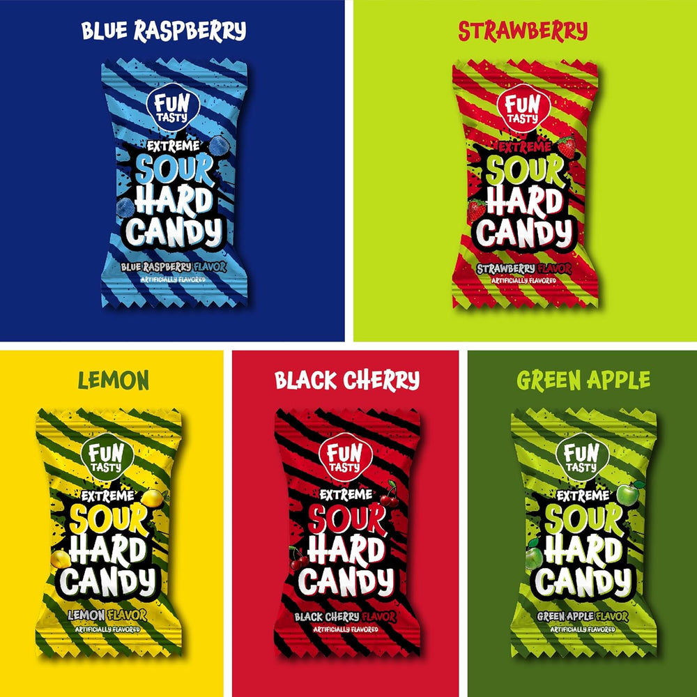 Funtasty Extreme Sour Hard Candy Mix - Strawberry, Blue Raspberry, Black Cherry, Lemon, Green Apple (300 Count) 2-Pound Pack