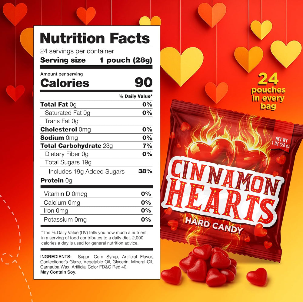 Cinnamon Imperial Hearts - 1 Ounce Pouch (24 Count) - Hot Cinnamon Candy in Individual Pouches - Spicy Hard Candy Hearts for Valentine’s Day, Party Favors, and Dessert Tables