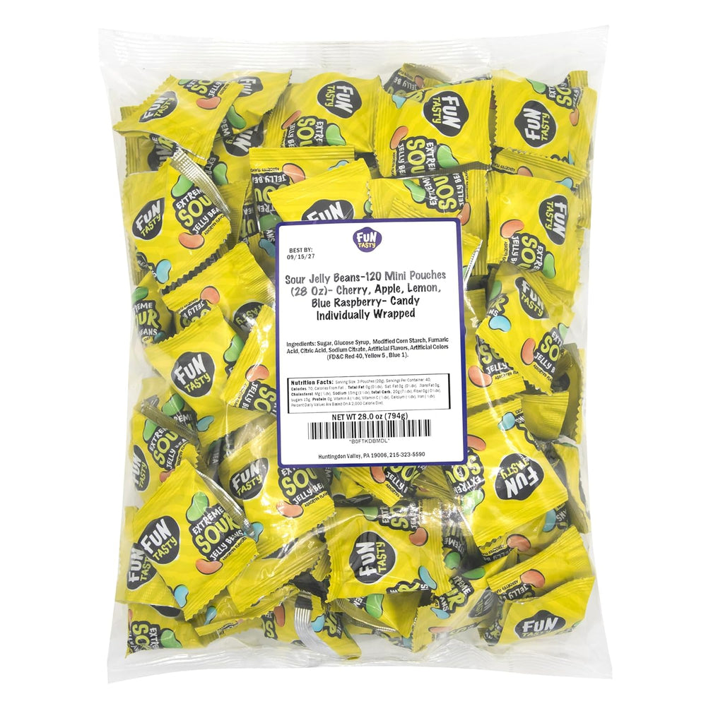 Sour Jelly Beans - 120 Mini Pouches (28 Oz) - Cherry, Apple, Lemon, Blue Raspberry - Halloween Candy Individually Wrapped - Sour Candies for Classroom Rewards & Party Favors by Funtasty - Crazy Outlet Candy Store