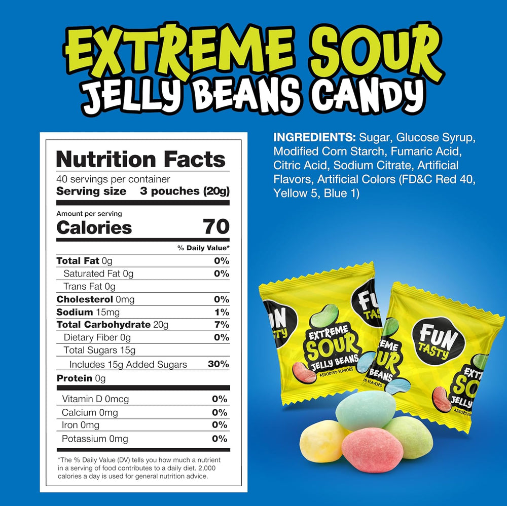 Sour Jelly Beans - 120 Mini Pouches (28 Oz) - Cherry, Apple, Lemon, Blue Raspberry - Halloween Candy Individually Wrapped - Sour Candies for Classroom Rewards & Party Favors by Funtasty - Crazy Outlet Candy Store