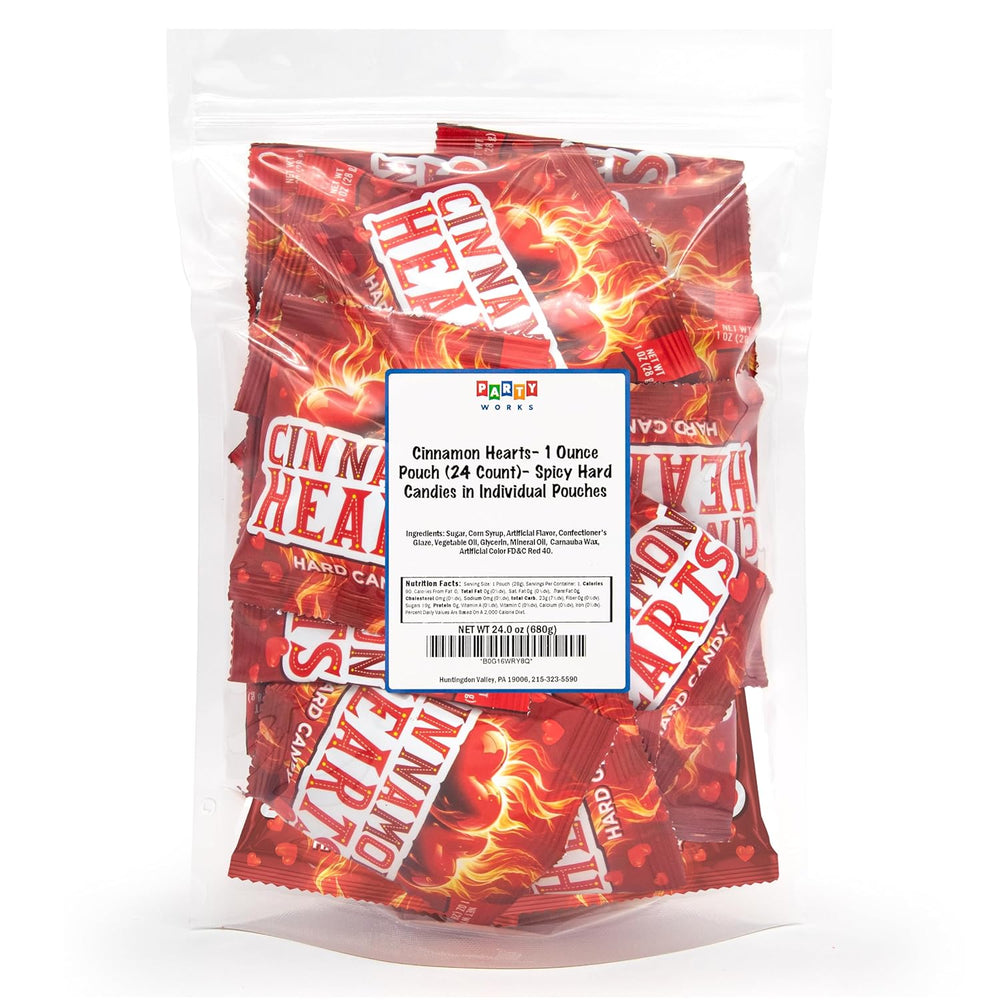 Cinnamon Imperial Hearts - 1 Ounce Pouch (24 Count) - Hot Cinnamon Candy in Individual Pouches - Spicy Hard Candy Hearts for Valentine’s Day, Party Favors, and Dessert Tables