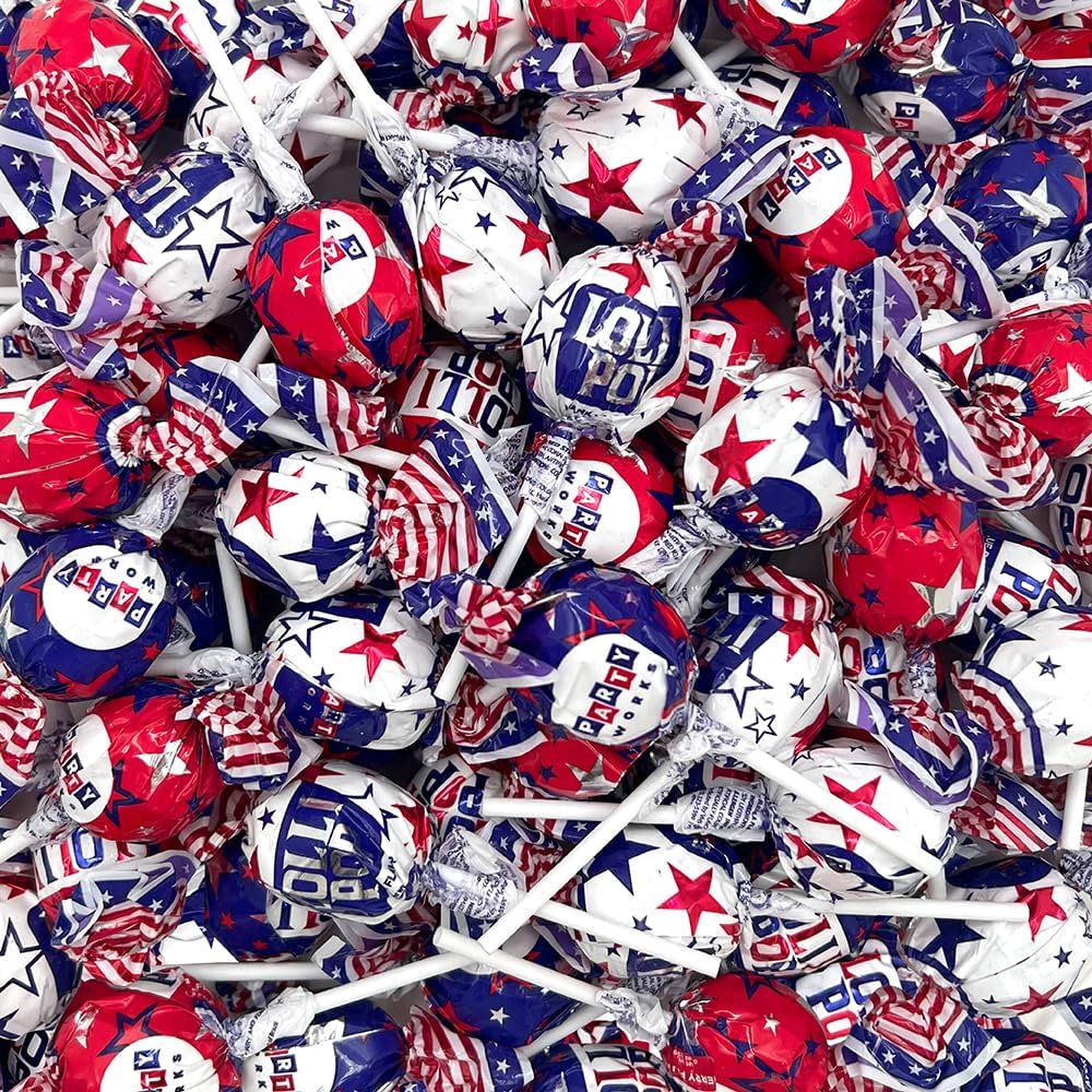 Patriotic Lollipops, July 4th Pops, USA Flag Colors Candy - Cherry, Vanilla, Blue Raspberry Flavors - Gum-Filled - Crazy Outlet Candy Store