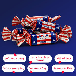 Patriotic Candy Chocolate Flavored Caramels - Independence Day Taffies - USA Flag Colors - Crazy Outlet Candy Store