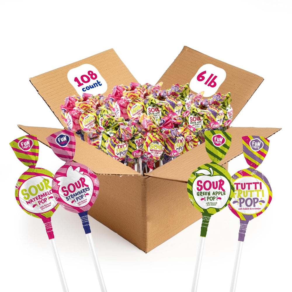 Fruit Lollipops, Assorted Flavors Sour Gum-Filled Pops - 6 Pound-Box (About 108 Count) - Crazy Outlet Candy Store