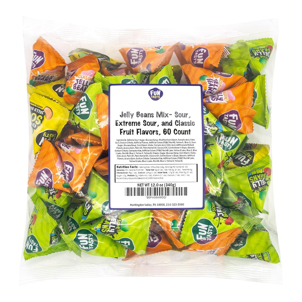 Jelly Beans Variety Pack - 60 Mini Pouches (12 Oz) - Sour, Classic, Extreme Sour Candies - Individually Wrapped Candy for Classroom Rewards & Party Favors by Funtasty