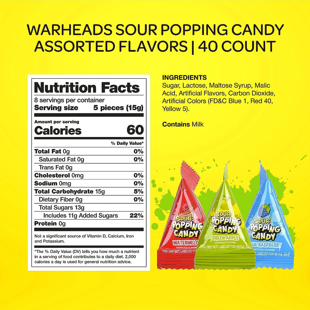 Warheads Sour Popping Candy Assorted Fruit Flavors, 40 Count Bag - Crazy Outlet Candy Store