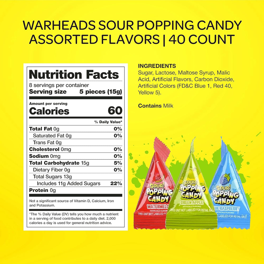 Warheads Sour Popping Candy | 40 Count Bag | Assorted Fruit Flavors - Crazy Outlet Candy Store