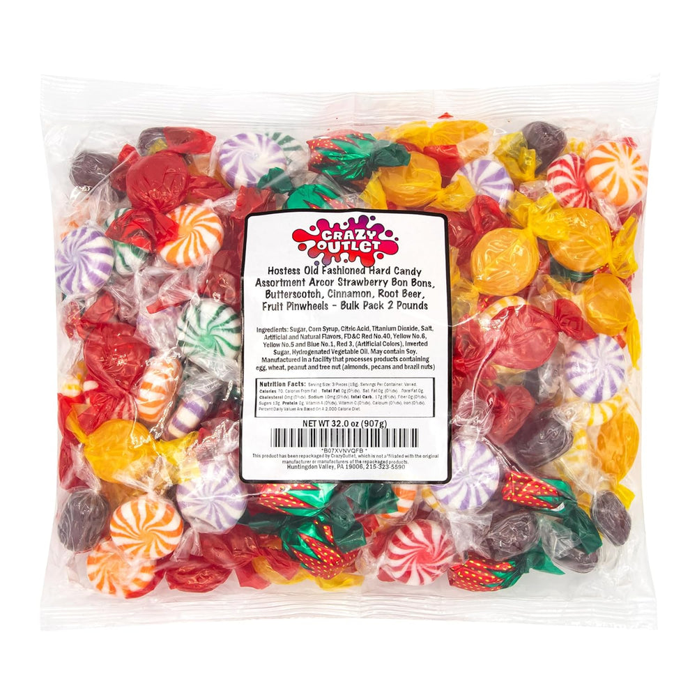 Hostess Old-Fashioned Hard Candy Assortment | 2 Pound Pack | Strawberry Bon Bons, Butterscotch, Cinnamon, Root Beer, Fruit Pinwheels - Crazy Outlet Candy Store