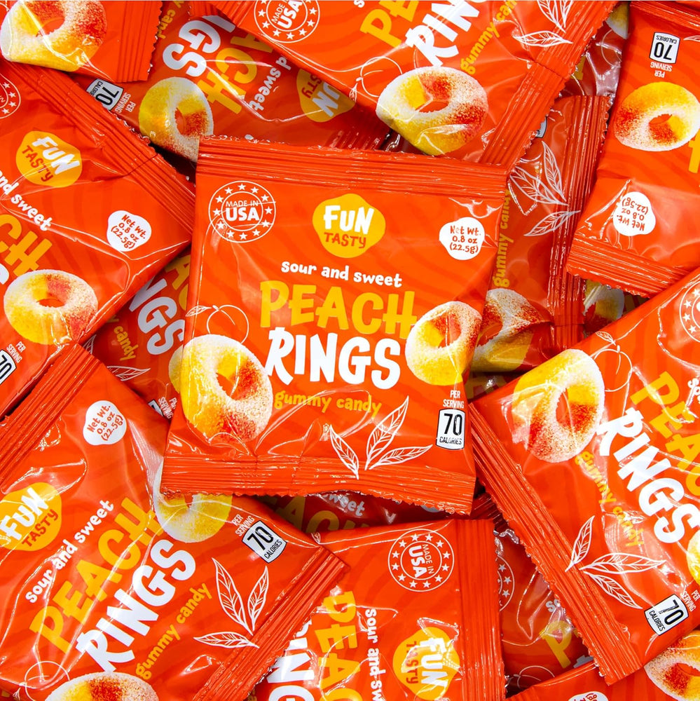 Peach Rings - 0.8 Ounce Pouch (24 Count) - Peach Gummy Candies in Individual Pouches - Sweet and Sour Candy for Classroom, Snacking and Kids' Goodie Bags