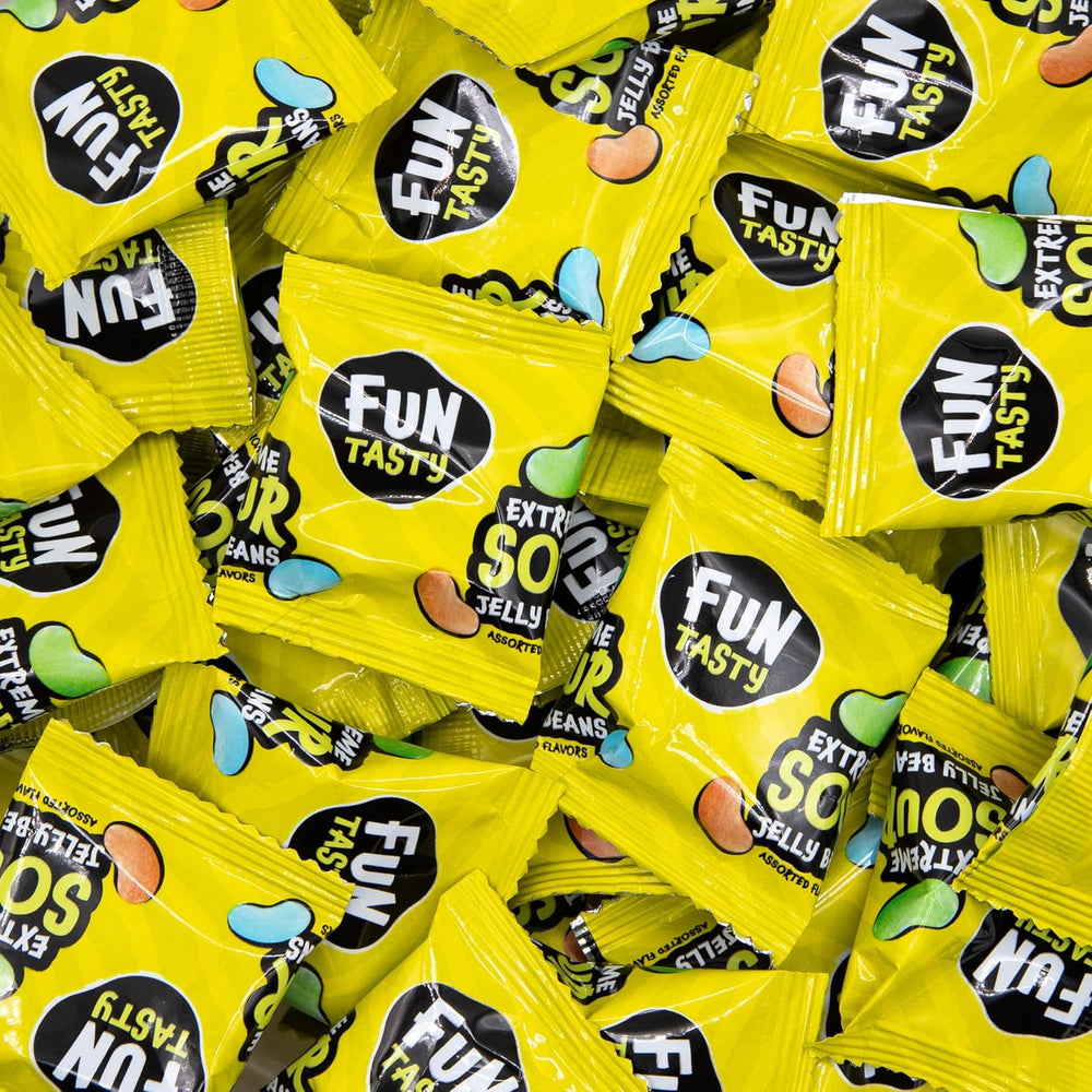 Sour Jelly Beans - 120 Mini Pouches (28 Oz) - Cherry, Apple, Lemon, Blue Raspberry - Halloween Candy Individually Wrapped - Sour Candies for Classroom Rewards & Party Favors by Funtasty - Crazy Outlet Candy Store