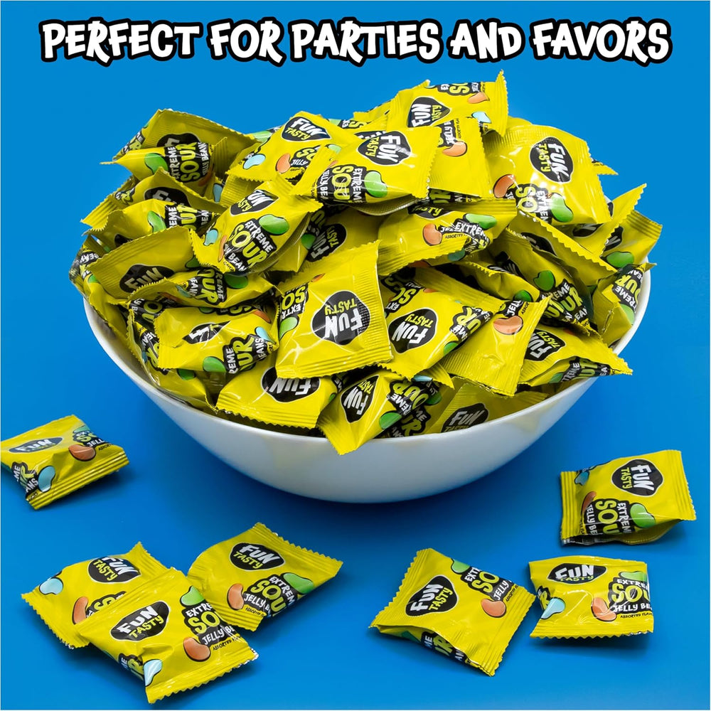 Sour Jelly Beans - 120 Mini Pouches (28 Oz) - Cherry, Apple, Lemon, Blue Raspberry - Halloween Candy Individually Wrapped - Sour Candies for Classroom Rewards & Party Favors by Funtasty - Crazy Outlet Candy Store