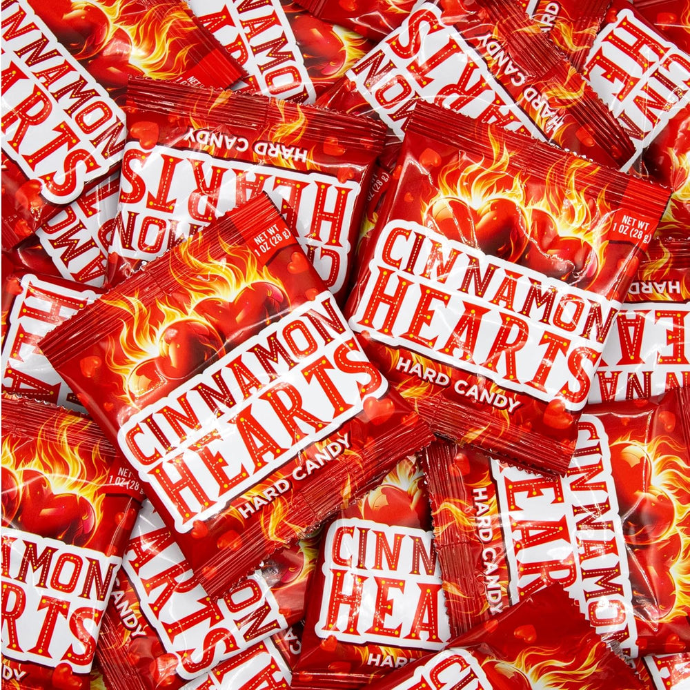 Cinnamon Imperial Hearts - 1 Ounce Pouch (24 Count) - Hot Cinnamon Candy in Individual Pouches - Spicy Hard Candy Hearts for Valentine’s Day, Party Favors, and Dessert Tables