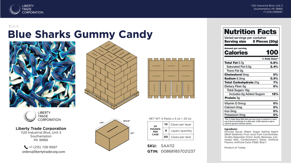 Blue Sharks Gummy Candy – Bulk 20 lb Case | 60-Case Pallet | Wholesale Gummy Candy - Crazy Outlet Candy Store
