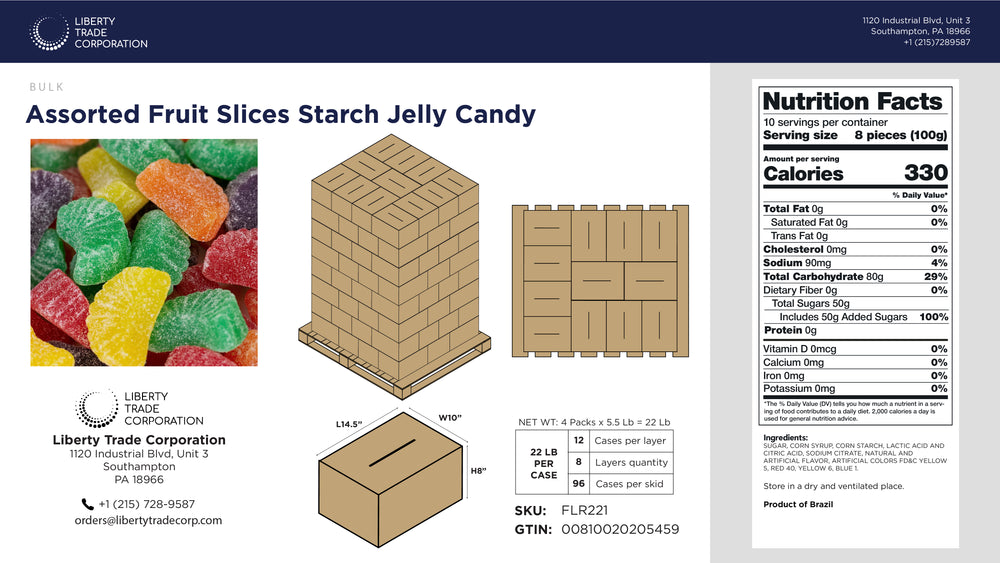 Assorted Fruit Slice Jelly Candy – Bulk 22 lb Case | 96-Case Pallet | Wholesale Starch Gummies
