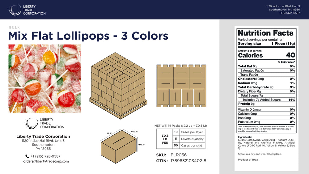 Mixed Flat Lollipops – 3-Color Assortment | 30.8 lb Bulk Case | 50 Cases per Pallet | Wholesale Candy - Crazy Outlet Candy Store