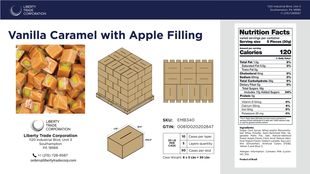 Vanilla Caramel Candy with Apple Filling – Bulk 30 lb Case | 50-Case Pallet | Wholesale Filled Candy - Crazy Outlet Candy Store